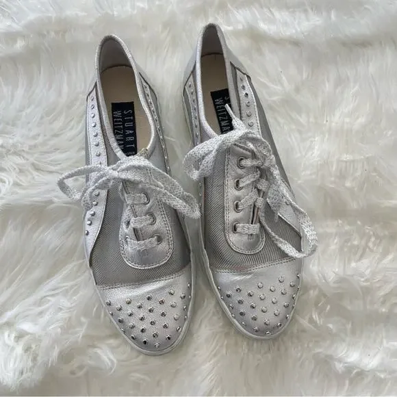 Stuart Weitzman | Women’s Silver Mesh Studded Studs Embellished Sneakers Shoes 7 - Picture 3 of 10